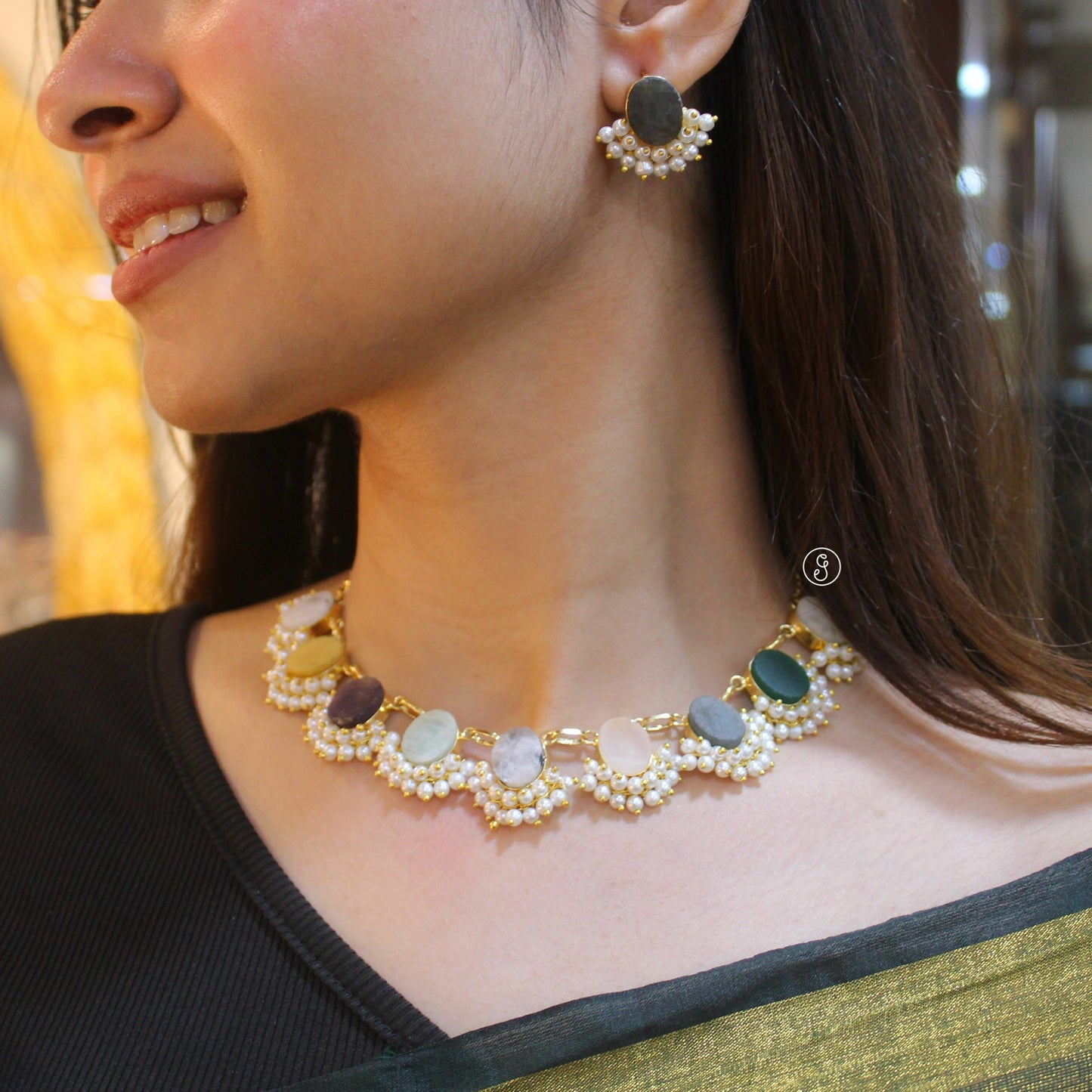 Pastel Natural Stone & Pearl Brass Necklace Set