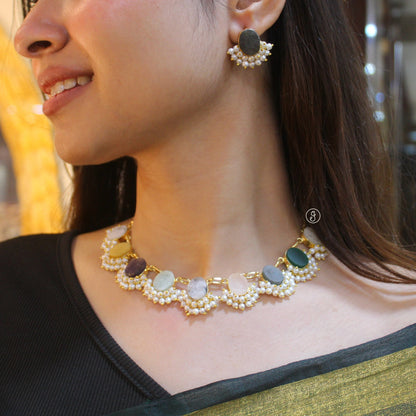 Pastel Natural Stone & Pearl Brass Necklace Set