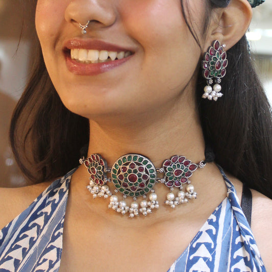 Ruby & Green Stones Oxidised Silver Choker Set