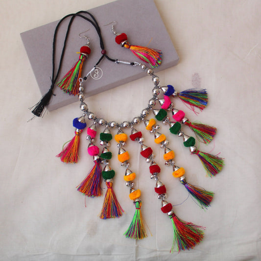Attractive Multicoloured Pompom & Tassels Necklace Set