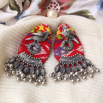 Red Colour Fabric & Oxidised Silver Work Earrings