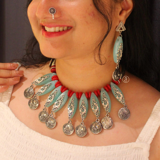 Ocean Blue & Red Designer Necklace Set