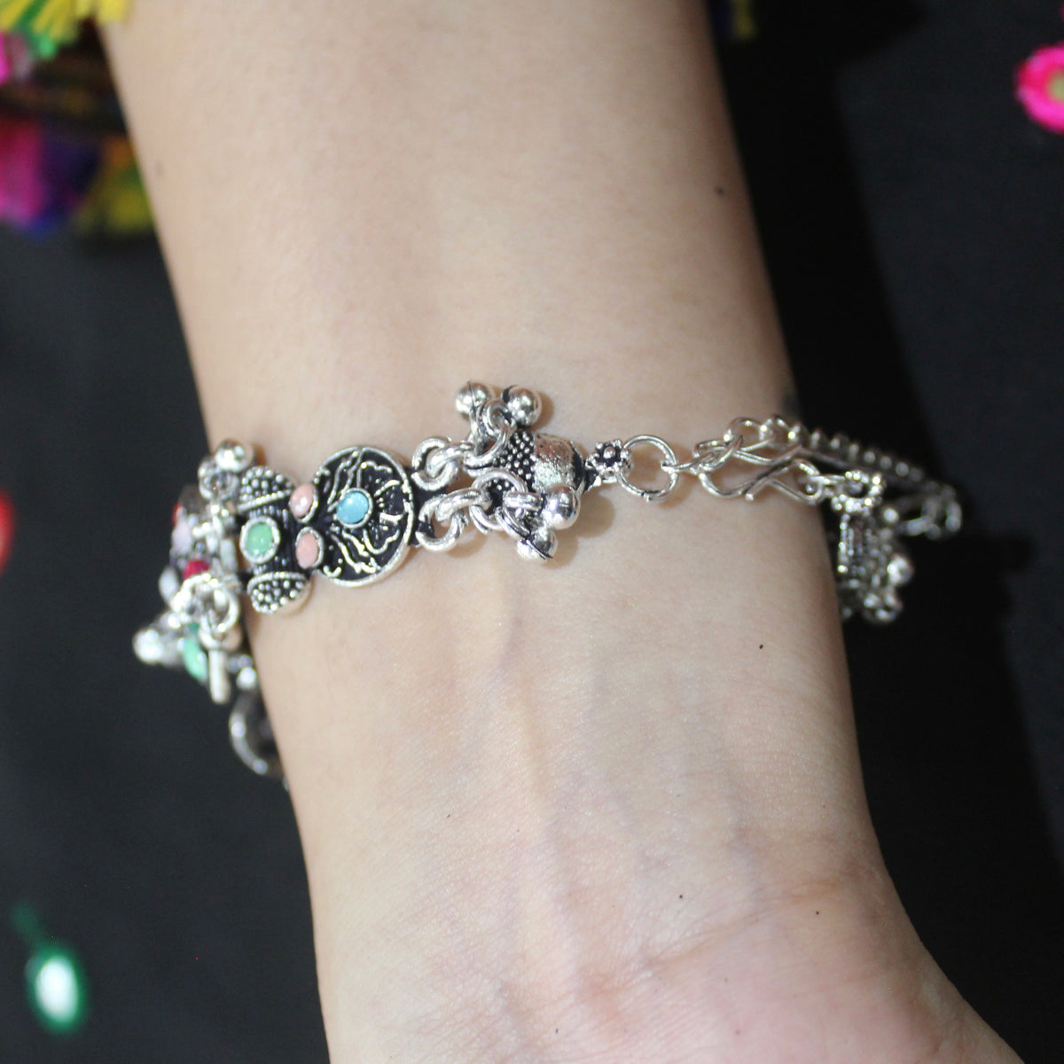 Multicolor Stone Oxidized Silver Watch