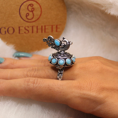 Blue 3D Peacock Design Adjustable Ring