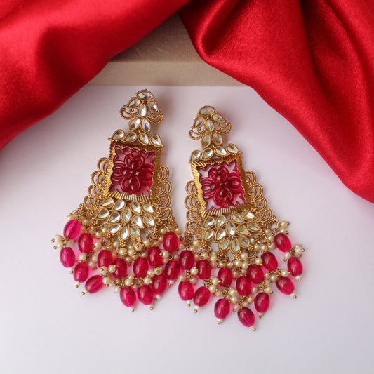 Beautifully Carved Ruby Earrings with Antique Gold Finish