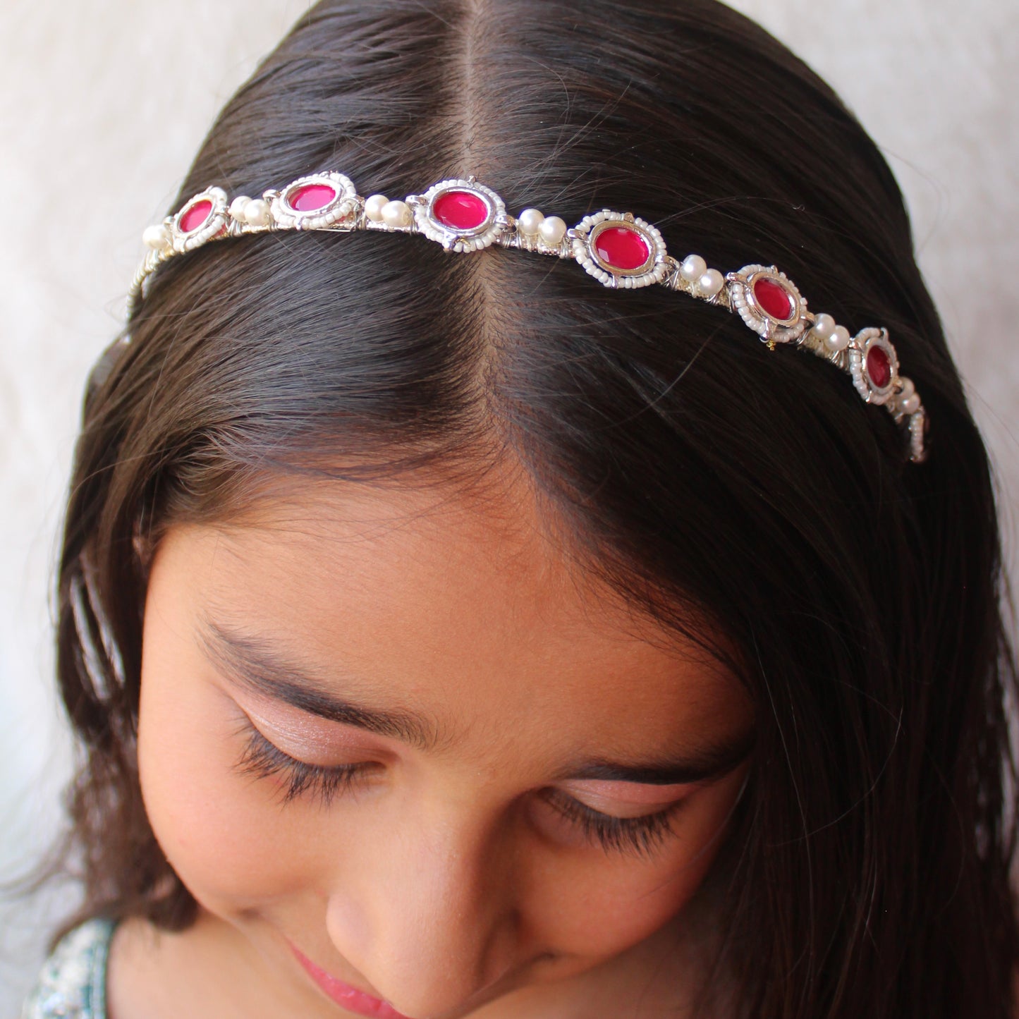 Red Kundan Stones Work Silver Toned Hairband