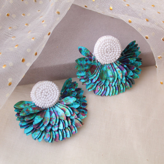 Teal Blue Feather Style Handcrafted Earrings