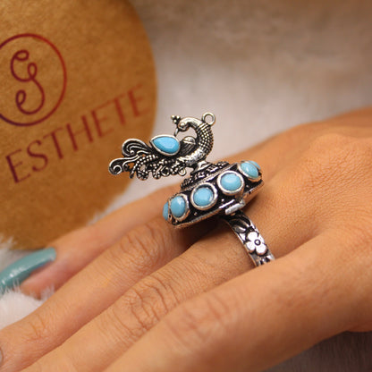 Blue 3D Peacock Design Adjustable Ring