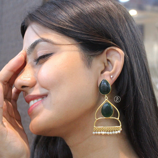 Green Natural Stone & Pearl Drop Earrings