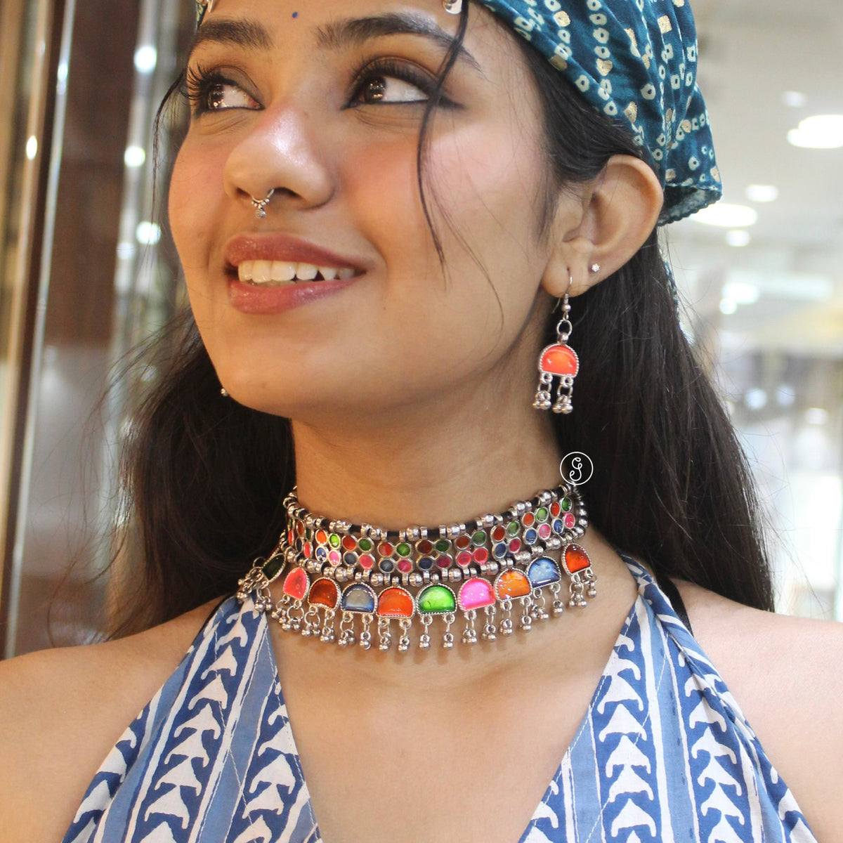 Afgani Style Oxidised Silver Meenakari Choker Set