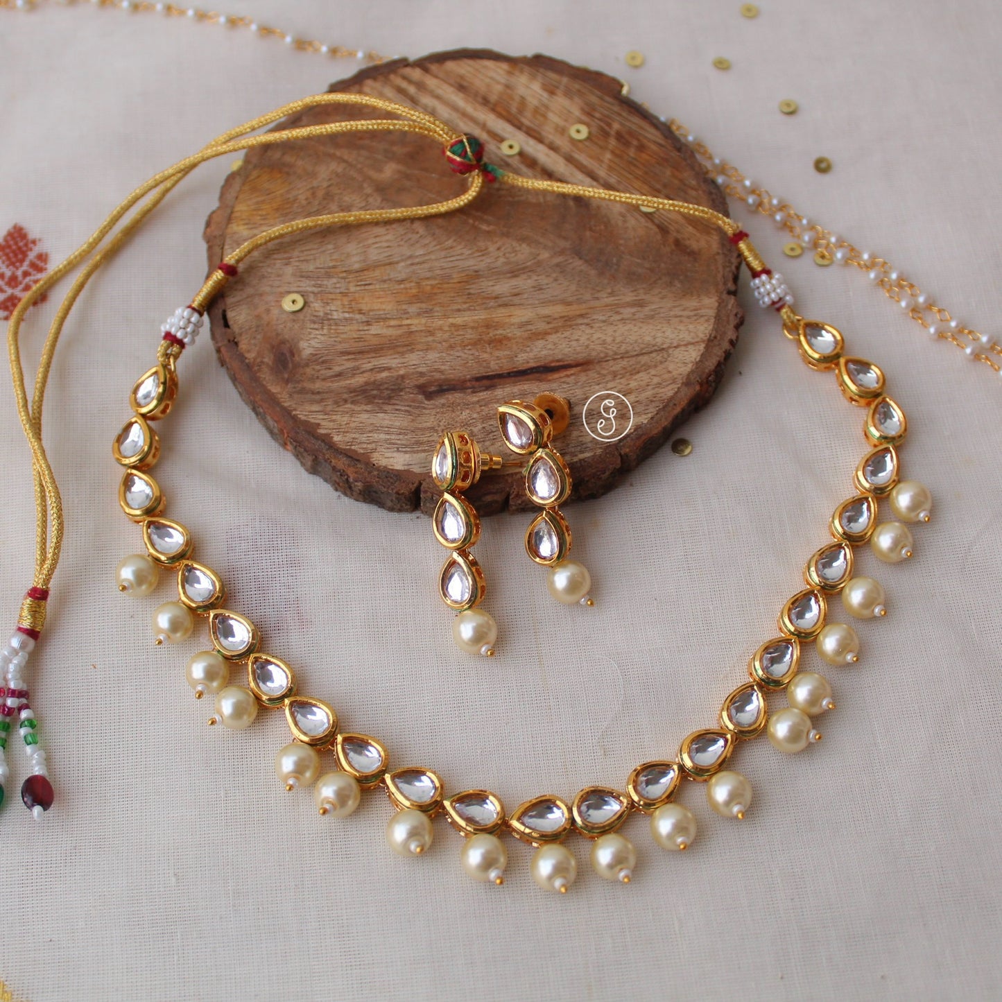 Timeless Kundan Necklace Set With Pearls Work