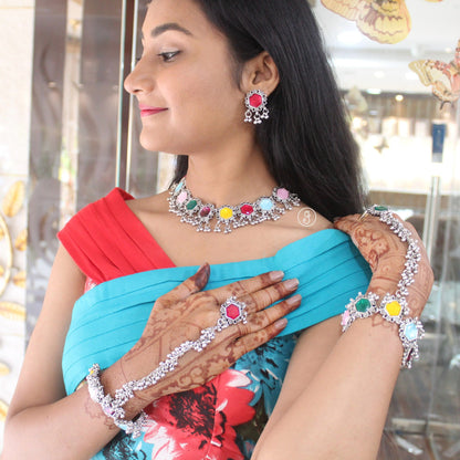 Multicoloured Oxidised Silver Necklace & Earrings