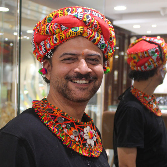 Red Multicolored Embroidered Mirror Work Pagdi (Unisex)