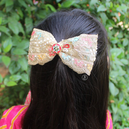Beige Multicolor Embroidered Ethnic Hair Bow