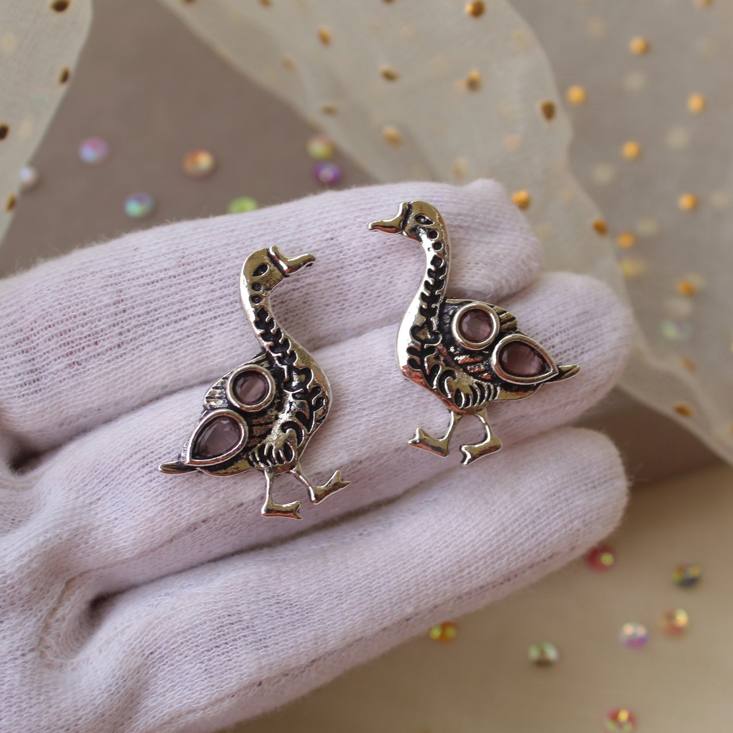 Cute Oxidised Silver& Pink Duck Stud Earrings