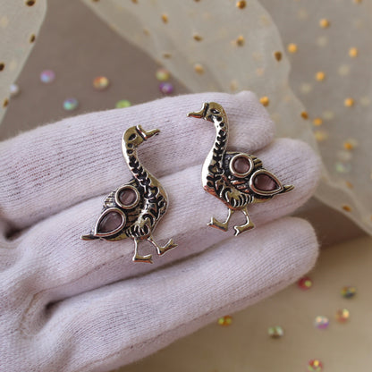 Cute Oxidised Silver& Pink Duck Stud Earrings