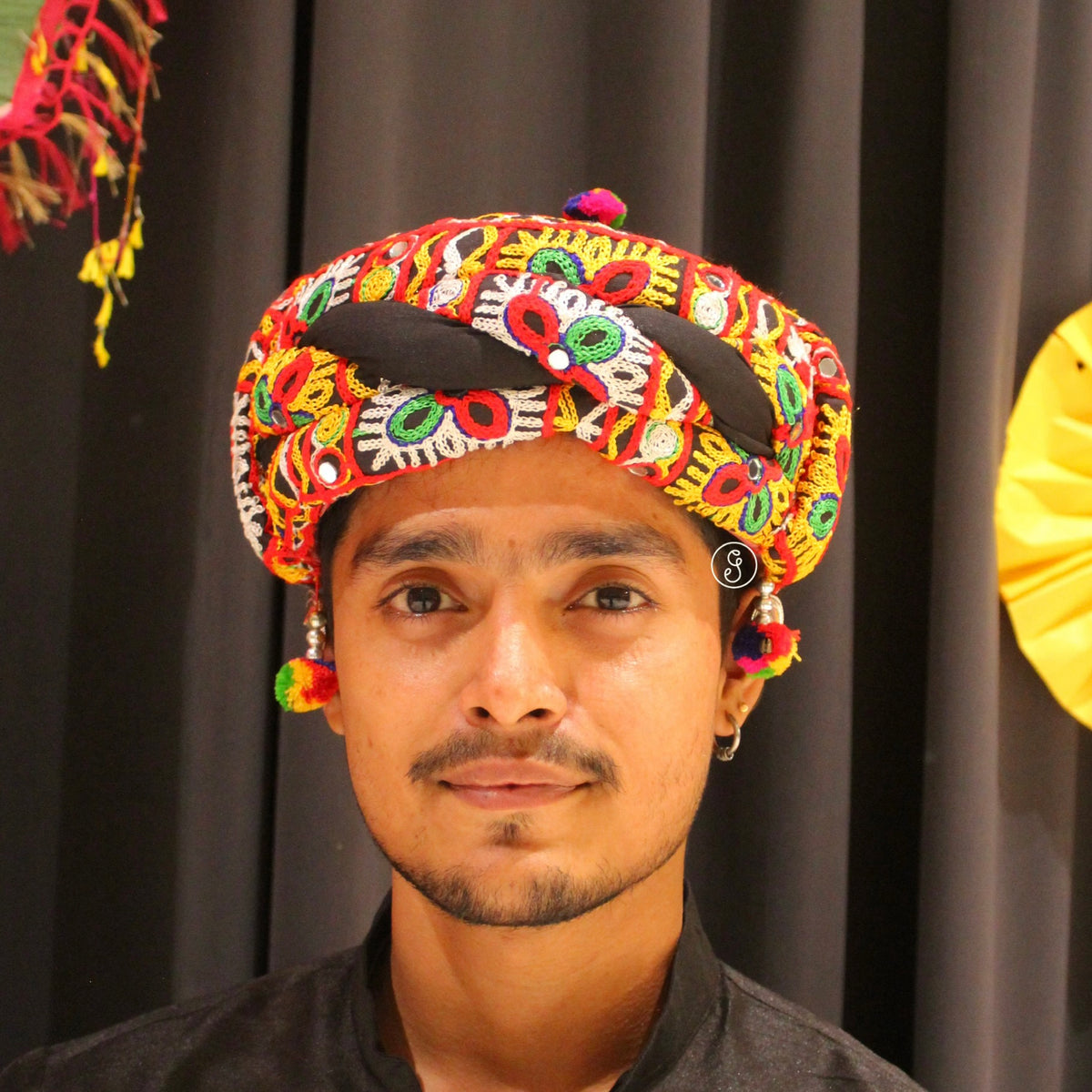 Black Gamthi Style Multicoloured Embroidered Pagdi