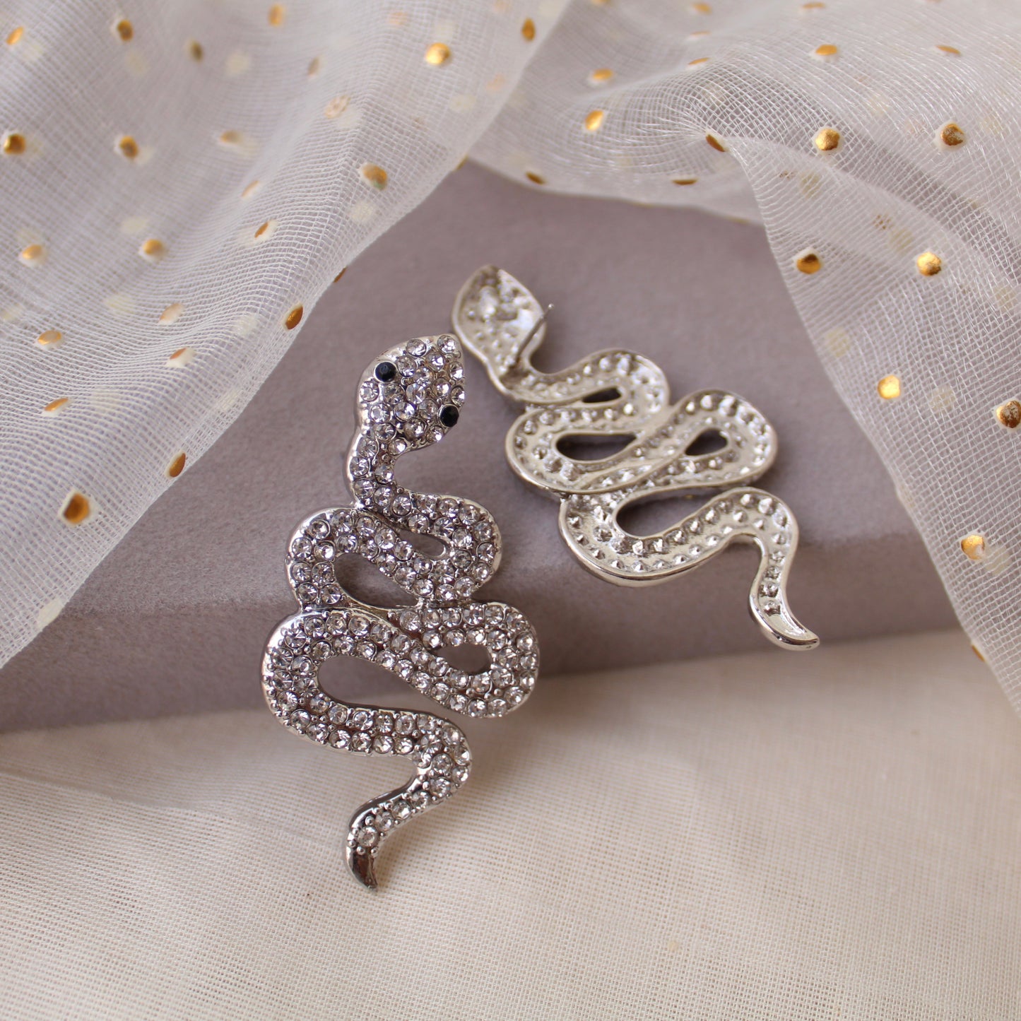 Classic Diamonds Studded Silver Snake Earrings