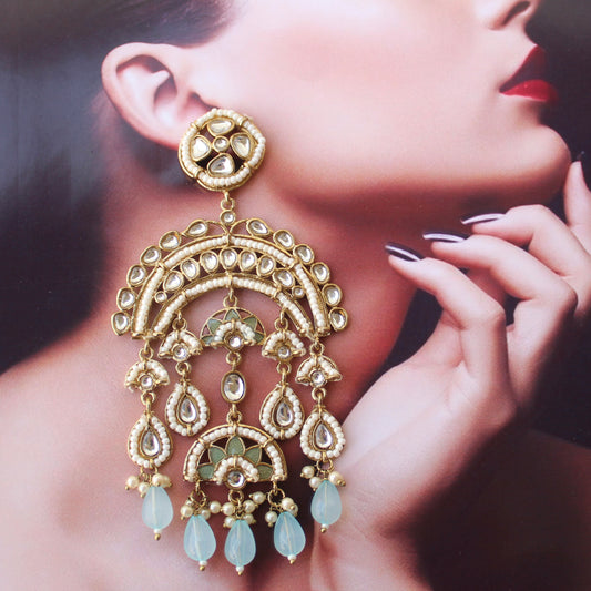 Aqua Blue Kundan Work Long Earrings