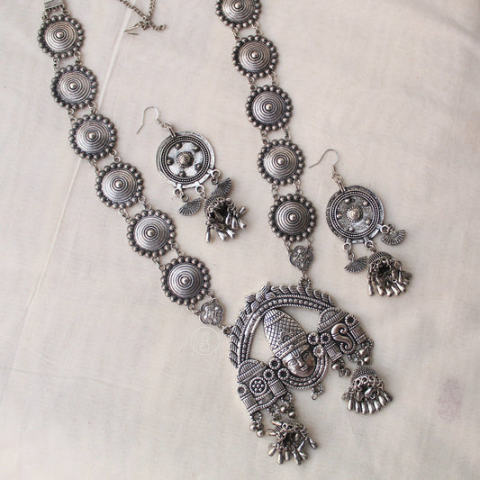 Divine Tirupati Motif Oxidised Silver Long Set