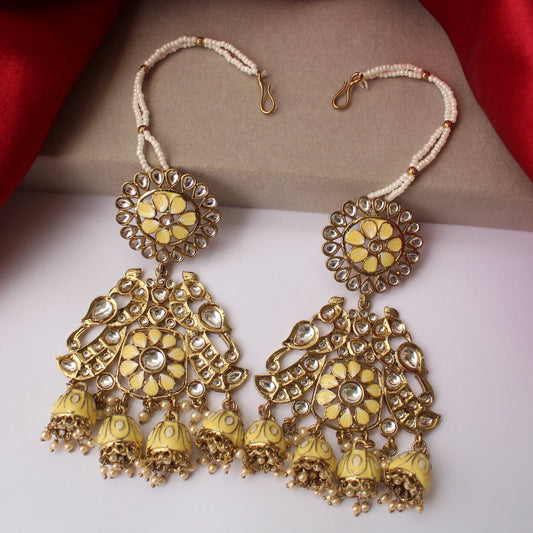 Butter Yellow Kundan Jhumki Earrings with Ear-Chain