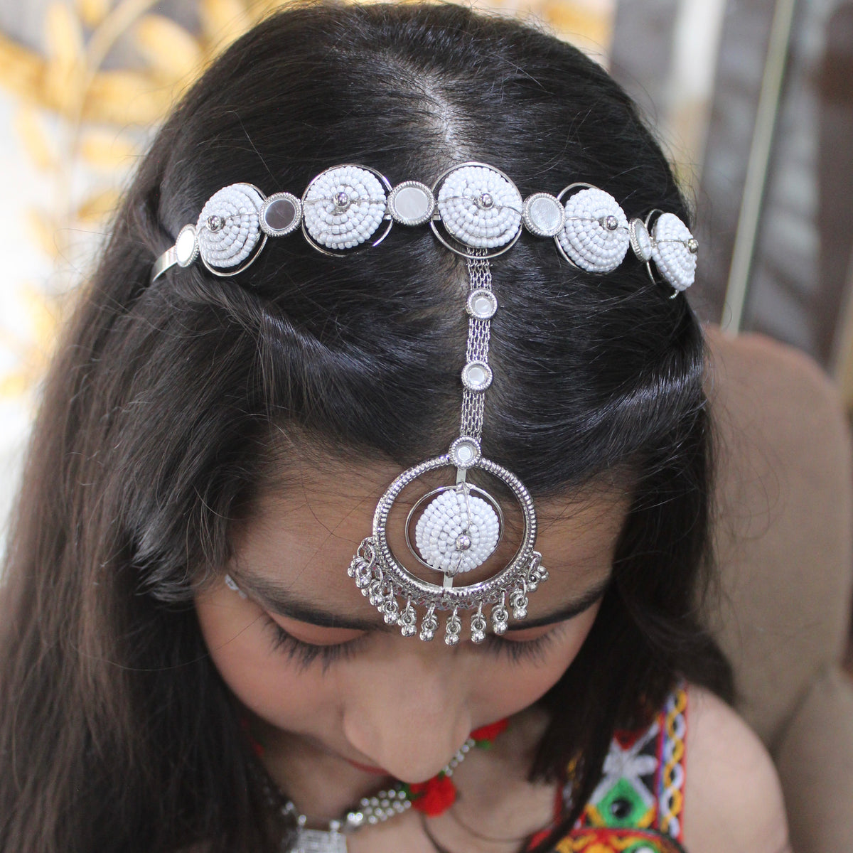 Silver Beaded Mirror Work Maang Tikka Hairband