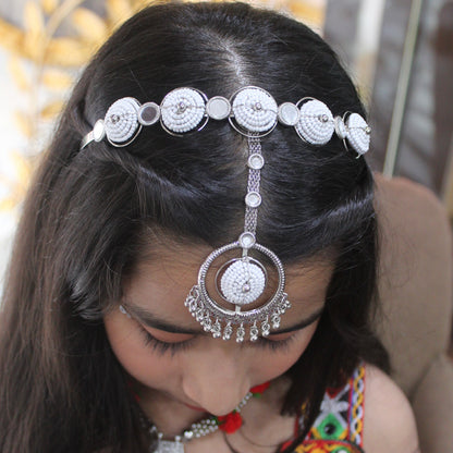 Silver Beaded Mirror Work Maang Tikka Hairband