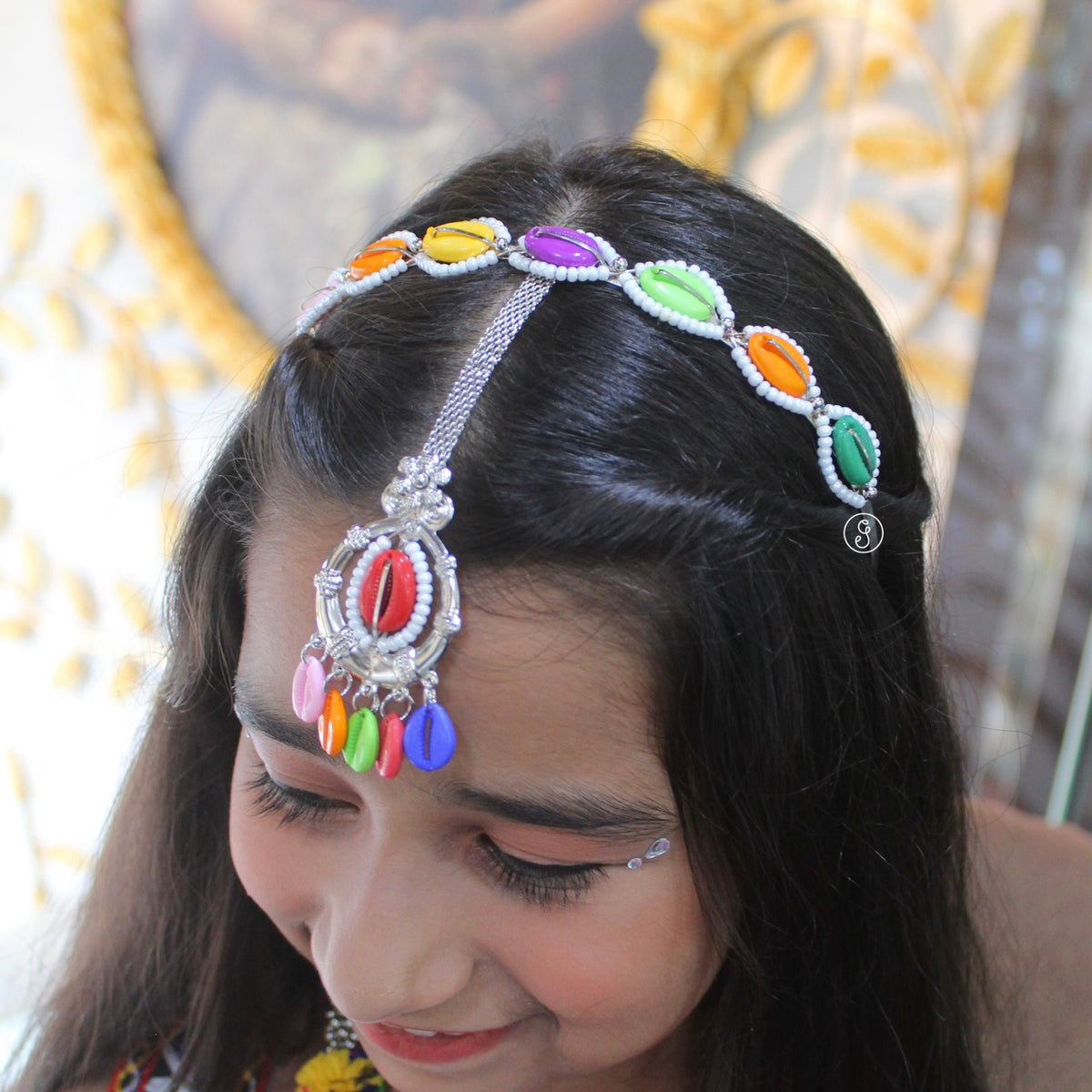 Multicolor Shell work Silver-Toned Headband with Tika