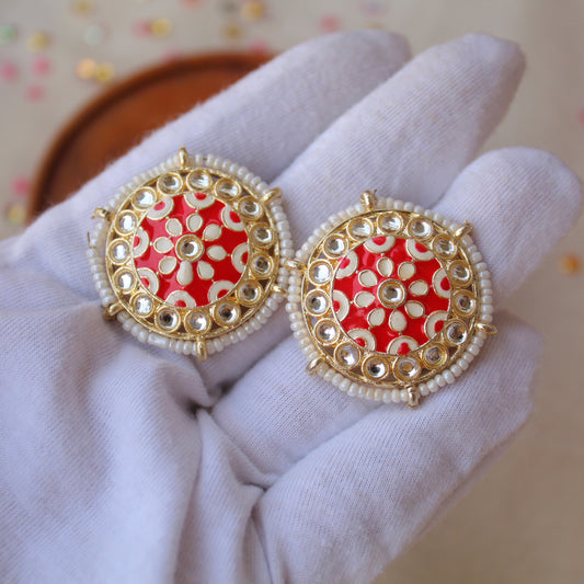 Red Round Shaped Meenakari & Kundan Work Studs