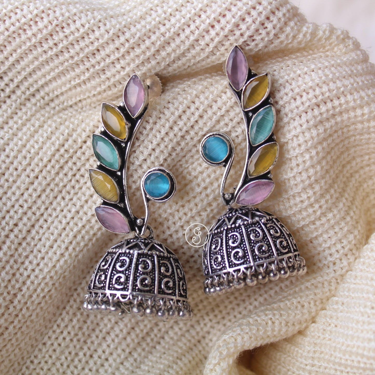 Multicoloured Stones Work Oxidised Jhumki