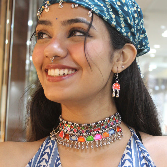 Afgani Style Oxidised Silver Meenakari Choker Set
