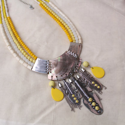 Yellow Beads & Tassels Work Long Necklace