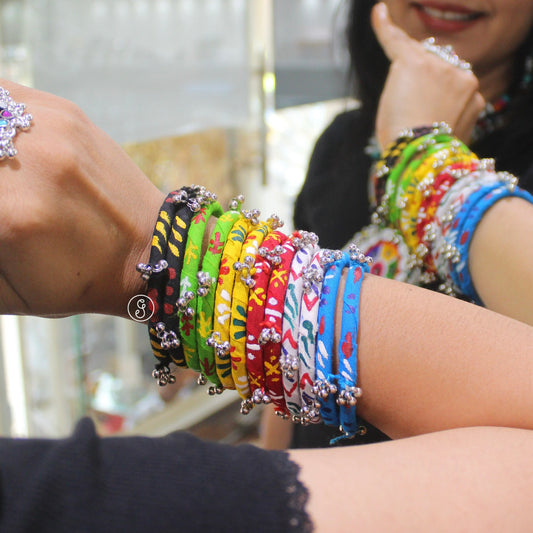 Multicolored Fabric & Ghungroo Bangles Set