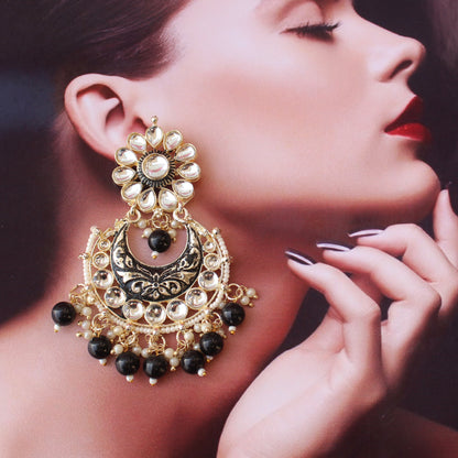 Bold Black Kundan & Meenakari Chandbali