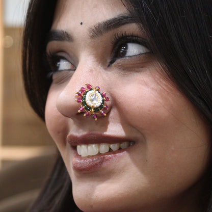 Statement Kundan Floral Press-On Nose Pin (Non-Pierced Nath)