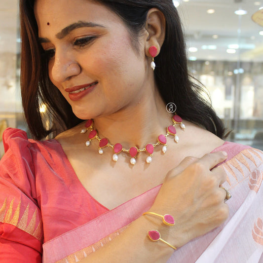 Classic Ruby Stones Necklace, Earrings & Bracelet Set