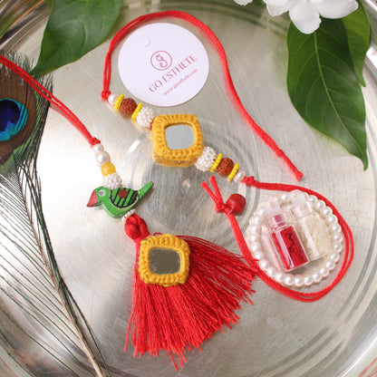 Yellow-Red Mirror Work Rakhi Pair