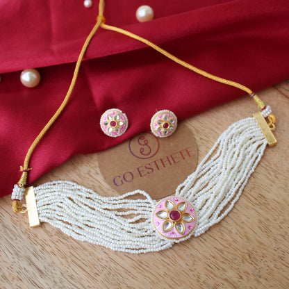 Pretty Pink and White Choker Necklace Set