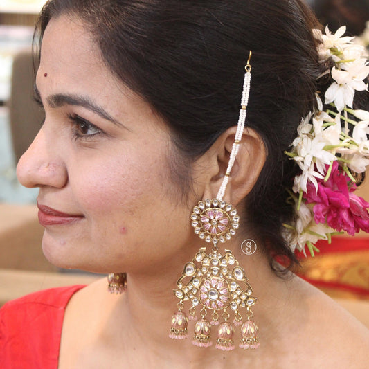 Classic Kundan Work Long Earrings With Ear-Chain