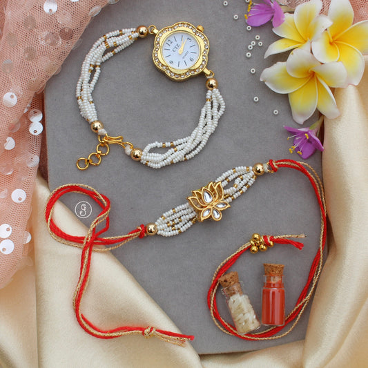Lotus Pearl Rakhi with Beaded Bracelet Watch