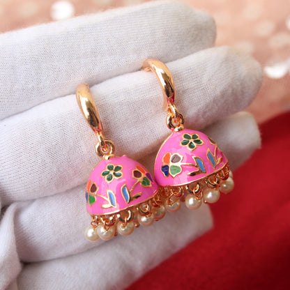 Pink Flower Meenakari Mini Jhumki