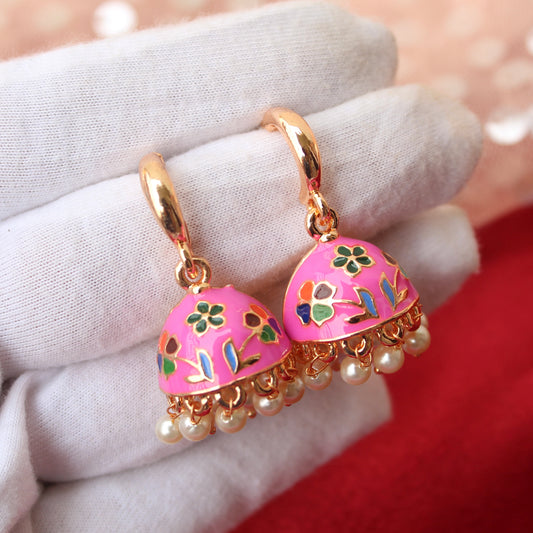 Pink Flower Meenakari Mini Jhumki