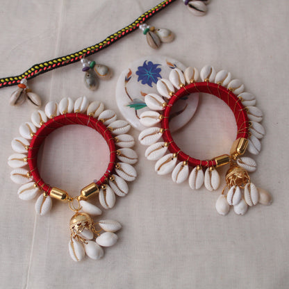 Red Thread & Shells Work Free Size Bangles Pair