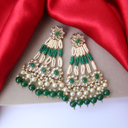 Classic Green & White Kundan Long Ethnic Earrings