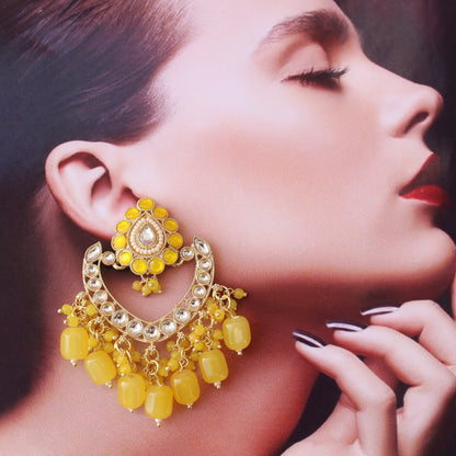 Yellow Kundan & Beads Embellished Earrings