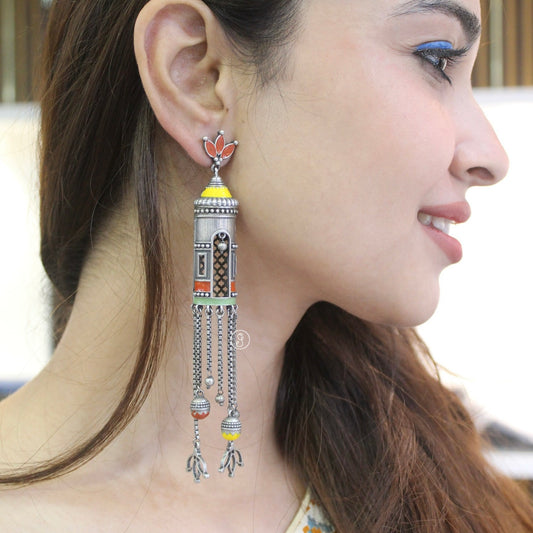 Classic Designer Oxidised Silver Long Earrings