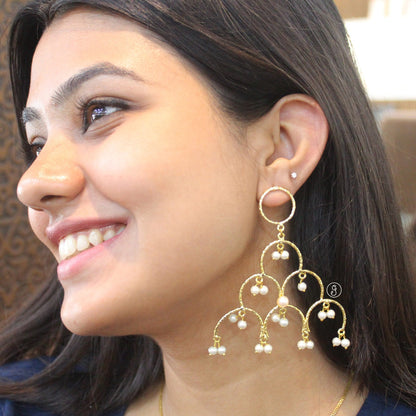 Golden Pearl Cascade Chandelier Earrings