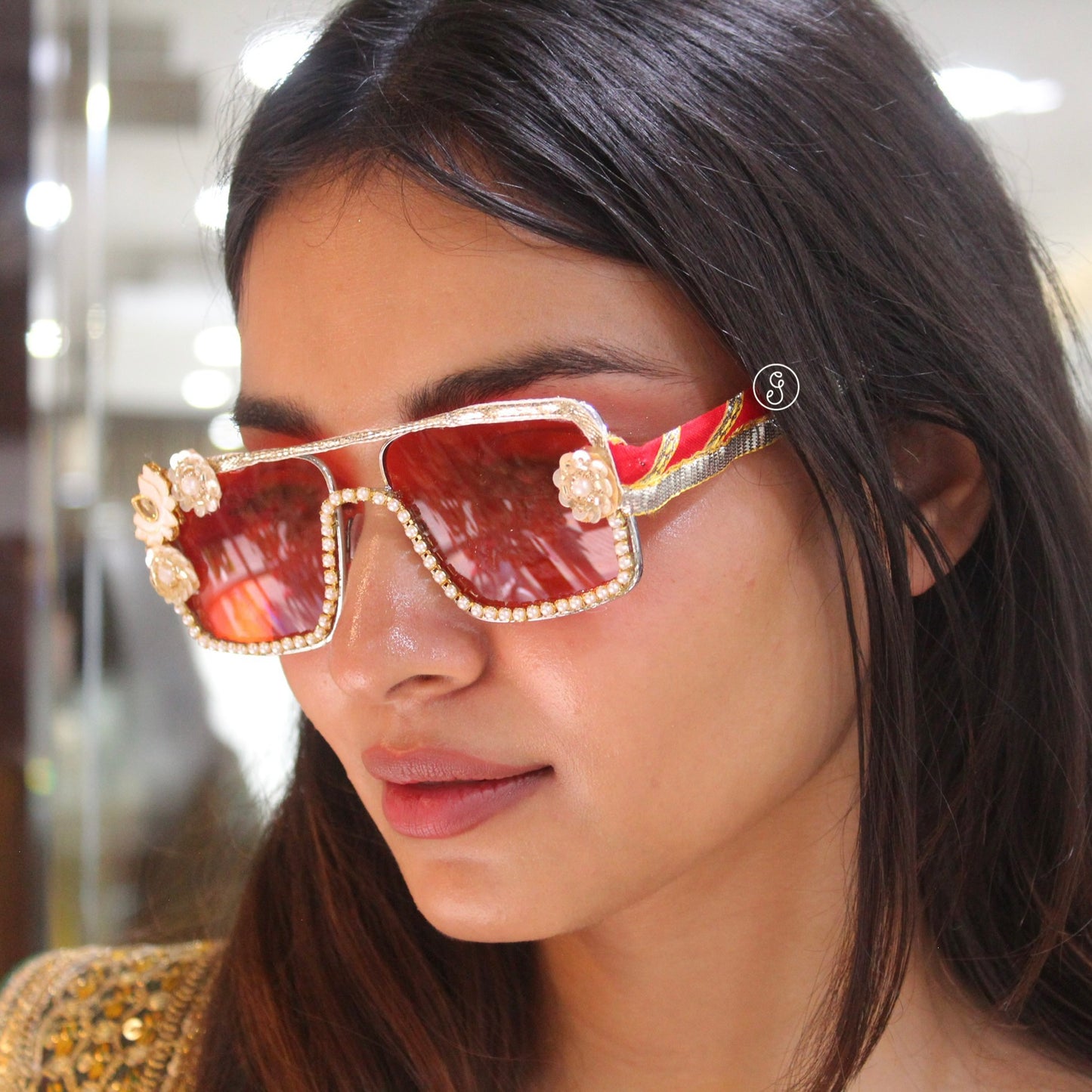 Red Pearl Embellished Statement Sunglasses