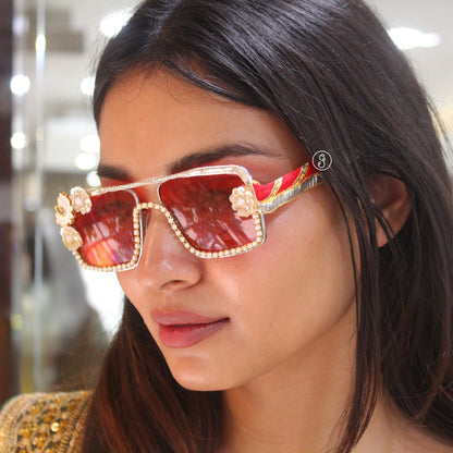 Red Pearl Embellished Statement Sunglasses