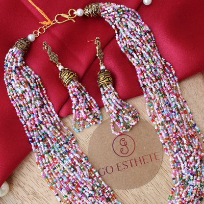 Multicolour Seed Beads Work Long Necklace Set